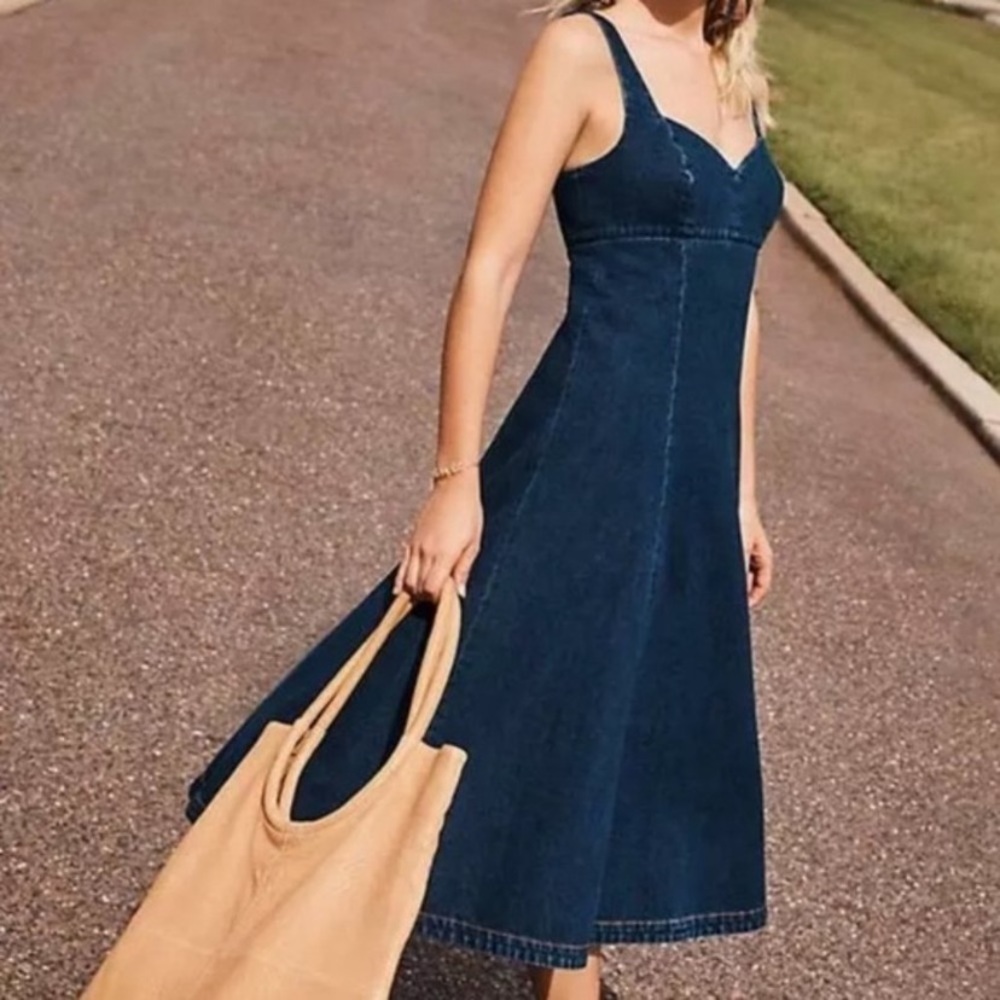 Anthropologie Dark Indigo Blue Denim Midi Dress - Picture 3 of 12